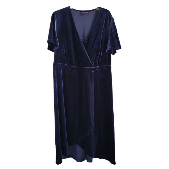 Surplice Neck Navy Velour Dress - Picture 1 of 5